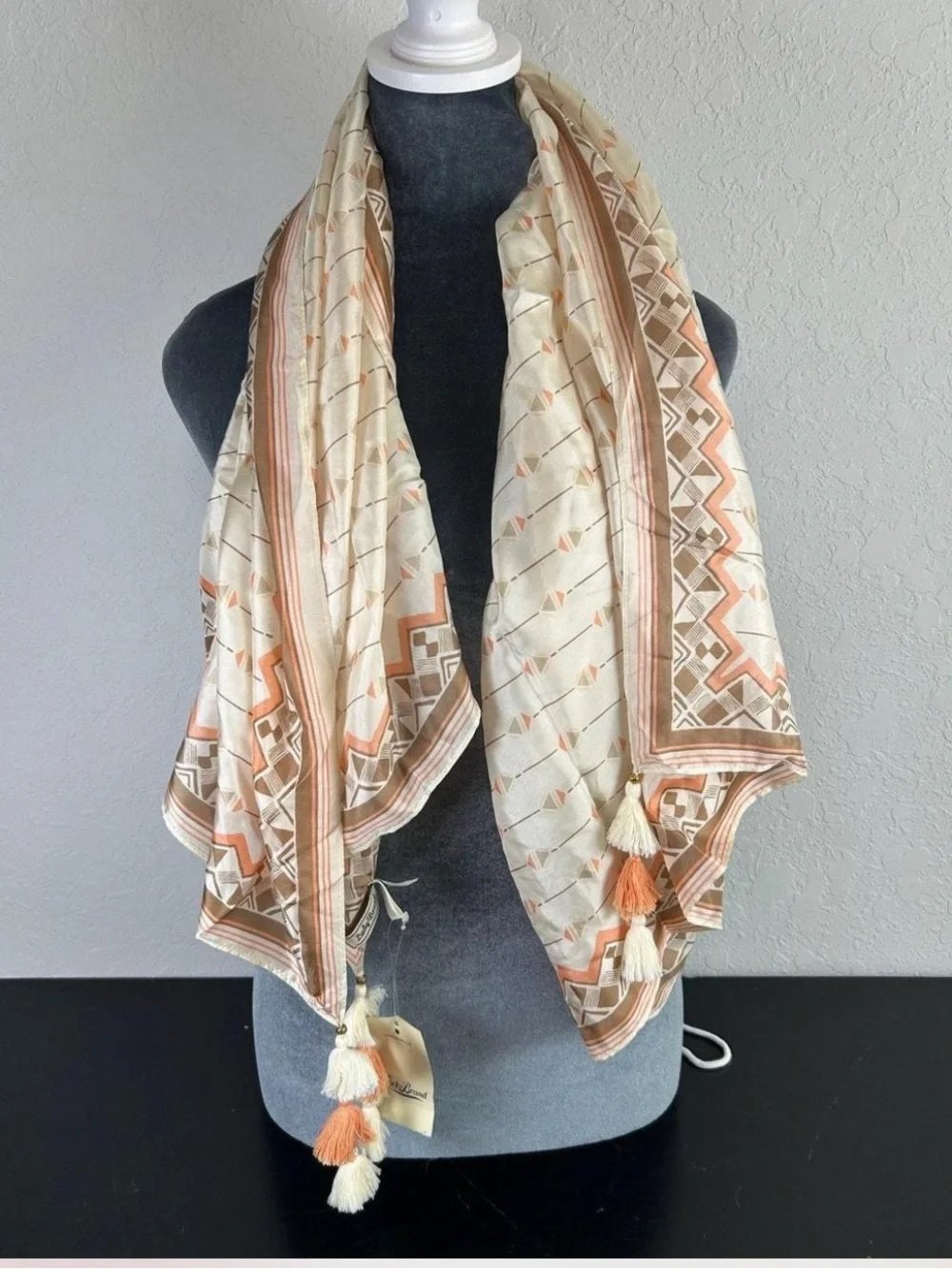 Lucky Brand Beige and Coral Geometric Tassel Scarf